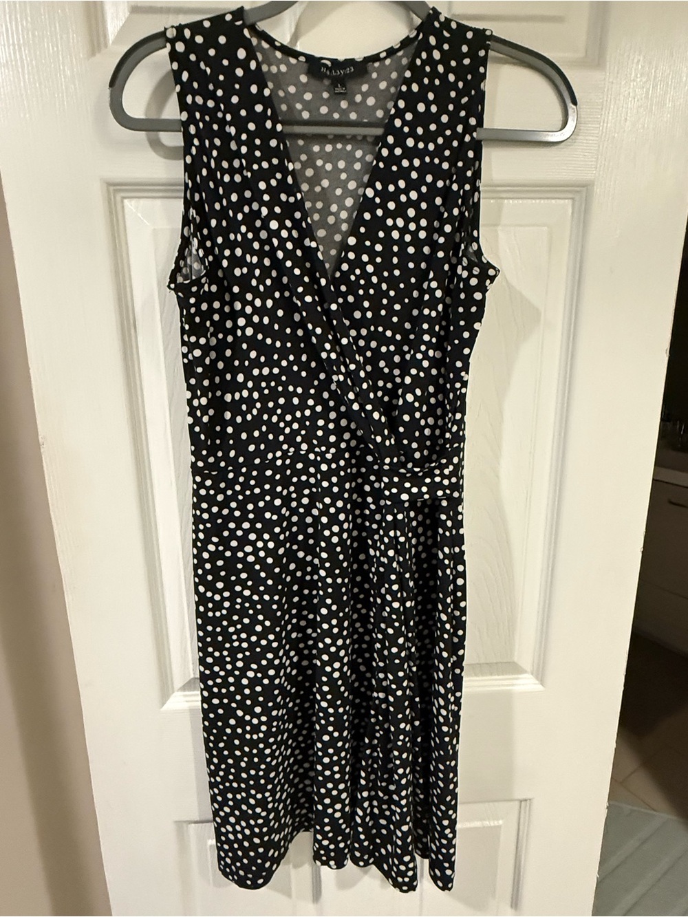 White Polka Dot Sleeveless Midi Wrap Dress - Black